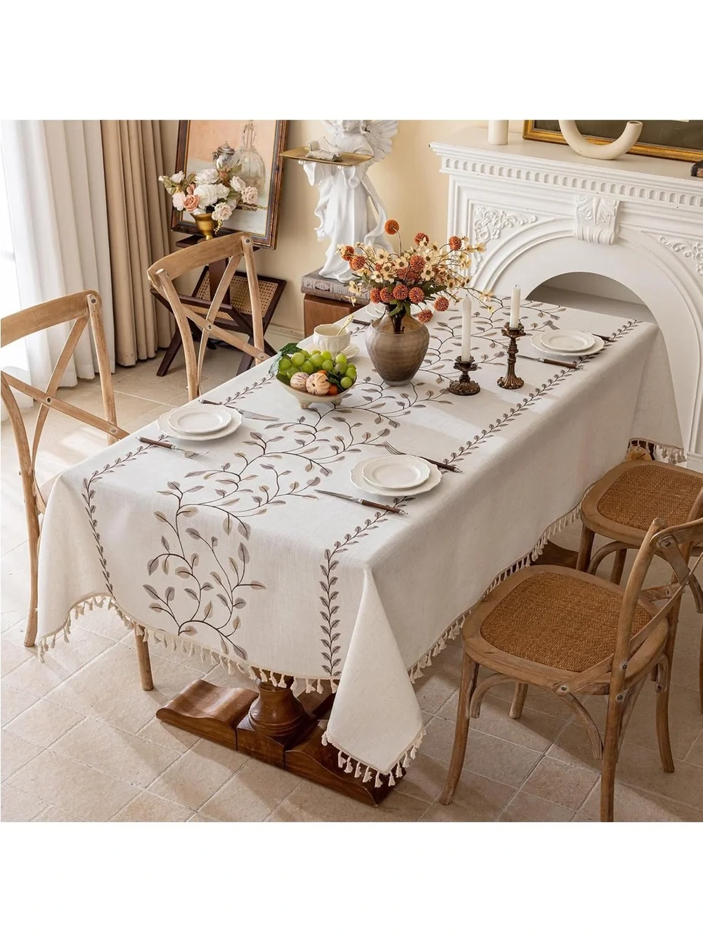 NEW Rectangle Linen, Farmhouse Embroidery Leaves Tablecloth with Tassels